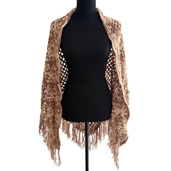 Crochet Shawl Triangle Fringe Brown Beige Neutral Colors Boho Chic Handmade Wrap - Picture 1 of 4